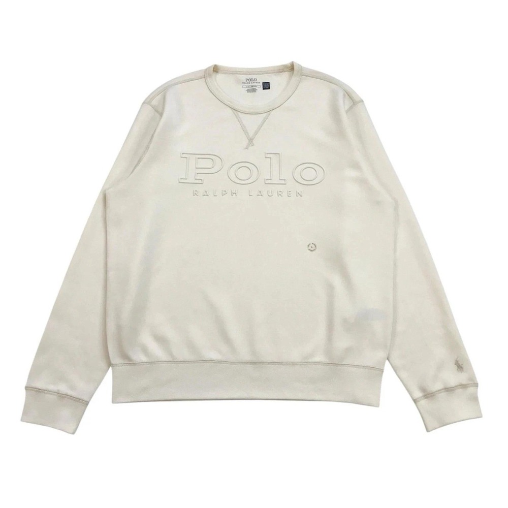Polo Ralph Lauren Mens Cream Crewneck Sweatshirt Logo-Embossed Double-Knit Sz L